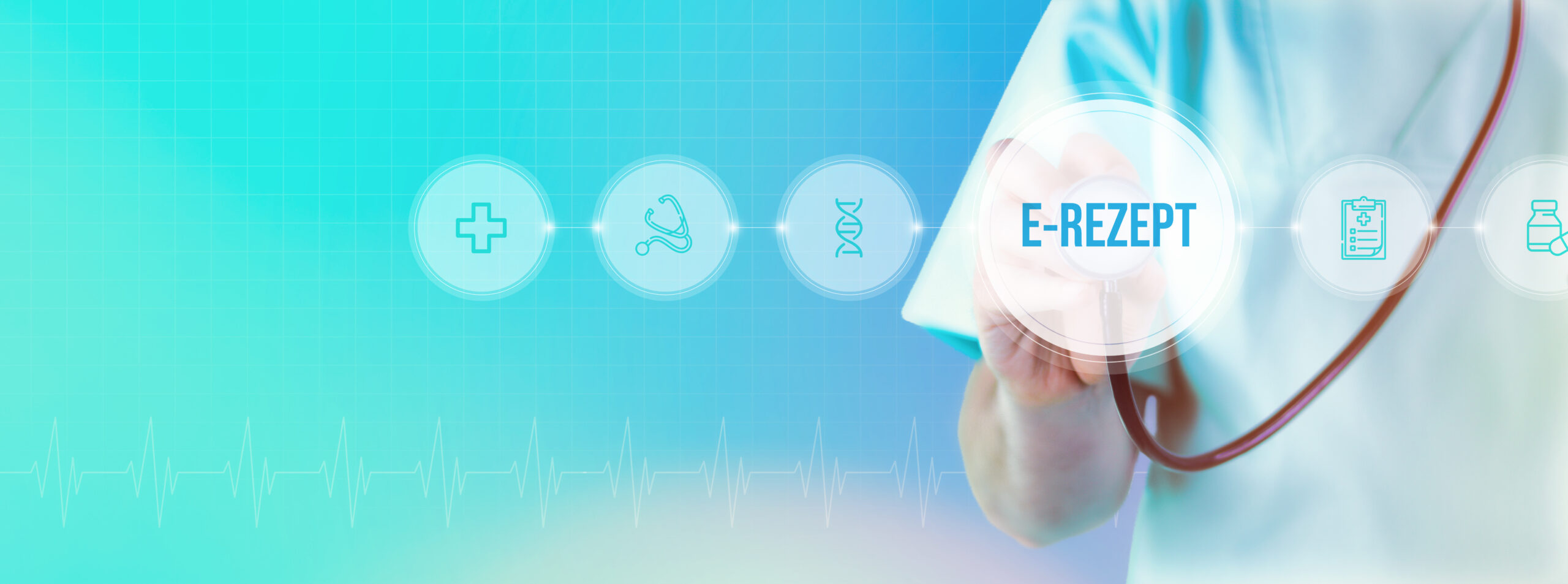 E-Rezept. Arzt mit Stethoskop im Fokus. Icons und Text auf einem digitalen Interface. Medizinische Technologie