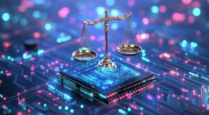 KI im Arbeitsrecht: Rechte, Pflichten und rechtssicherer Einsatz- Digital illustration of the scales of justice on top of an AI circuit board, symbolizing technology and law in modern work settings.