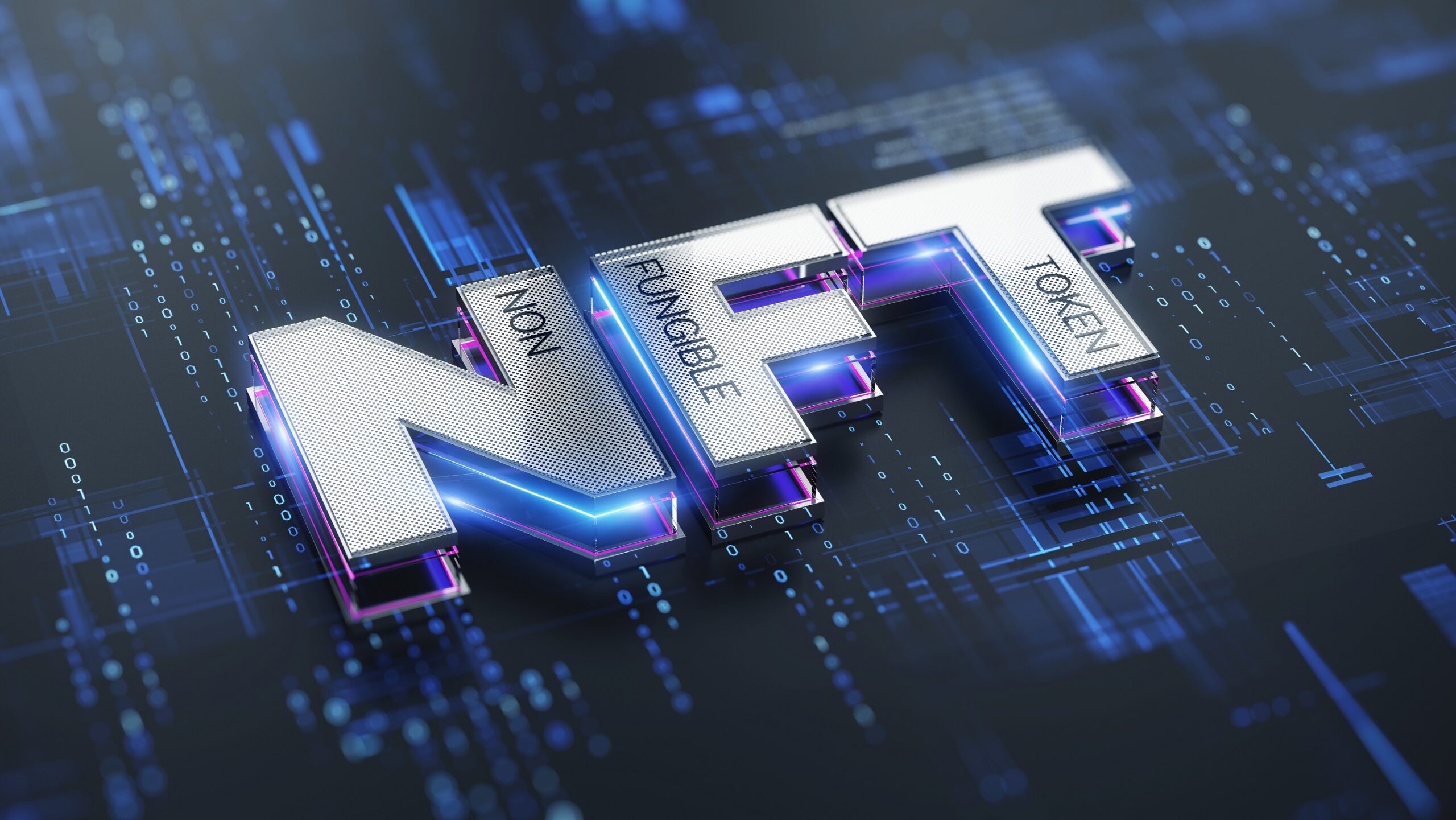 NFT nonfungible tokens concept - NFT word on abstract technology surface. 3d rendering - NFT-Handel und Umsatzsteuer: Neues Urteil bringt Klarheit 