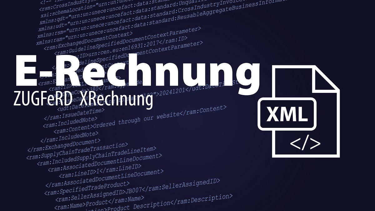 Illustration zur E-Rechnung, ein XML Standard im elektronischen Geschäftsverkehr zwischen Unternehmen und Behörden vor XML Quelltext.