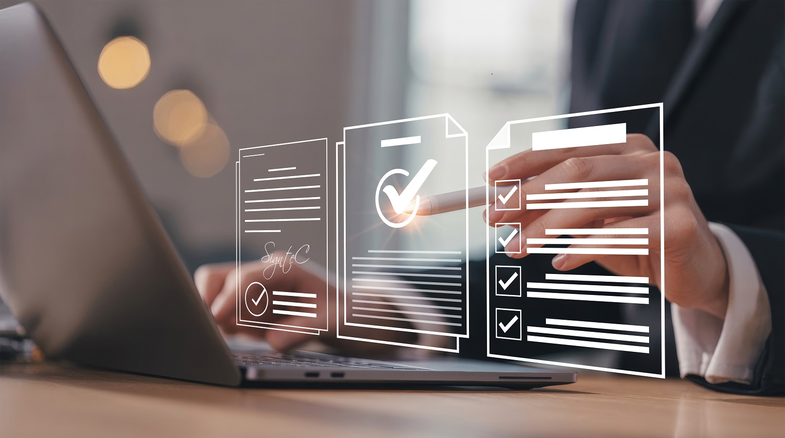Hände vor Laptop und davor generierte Dokumente mit Checkkästchen.